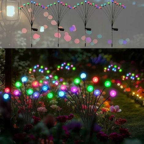 Lot de 4 lucioles solaires de jardin avec 2 modes, balancement par le vent, étanches pour cour, patio, allée, décoration (colorées) (1/5)