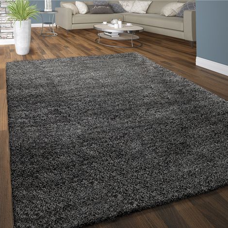 Paco Home Hochflor Teppich Wohnzimmer Shaggy Langflor Weich Einfarbiges Muster Dunkel-Grau Ø 200 cm Rund