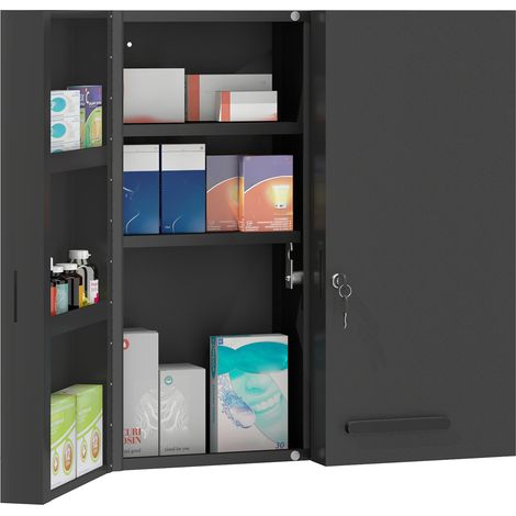 Armoire à pharmacie verrouillable à 2 portes et 6 étagères, noire