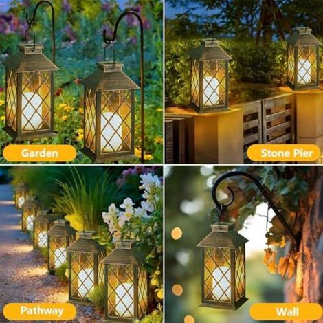 Lanterne Solaire Exterieur 2 Pièces Lampe Solaire avec Bougie Vacillante, Lampe de Table Solaire Étanche Suspension Solaire Exterieur a Poser pour Balcon Jardin Terrasse Deco - Bronze (1/4)