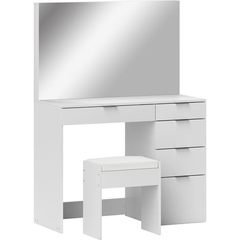 Table de Maquillage avec Miroir, 5 Tiroirs 97.2x44.5x136.5 cm, Tabouret Rembourré 40x24x46 cm, Blanc
