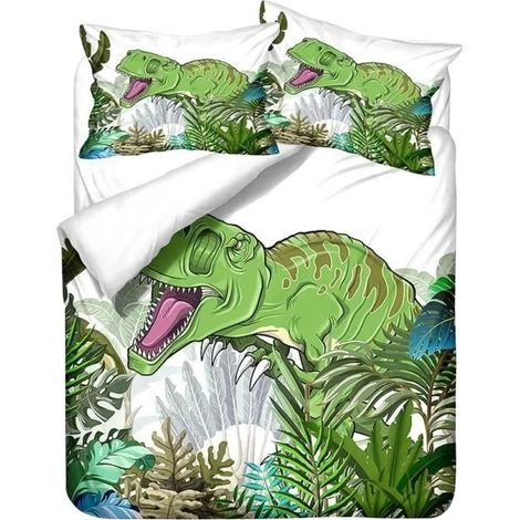 Parure de lit dinosaure à feuilles vertes, housse de couette 200x200cm avec 2 taies d'oreiller, pour enfants (1/4)