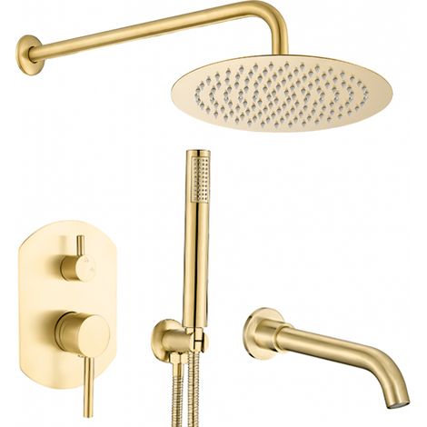 Ensemble de douche encastré monocommande ROMA or brossé rond Ø 30cm