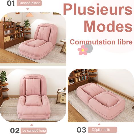 Canapé Lit Pliable Ergonomique pour Adultes et Animaux – 5 Positions Réglables (90°-180°) avec 2 Coussins, Banquette Multifonction Gain de Place pour Salon, Chambre et Coin Lecture (Rose) (1/5)