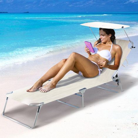 Lettino Prendisole Pieghevole Mare Spiaggia Sdraio con Tettuccio Parasole Beige (1/4)