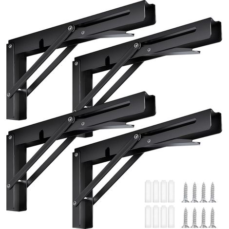 4 Pièces Support d'Étagères Pliable, Équerre Pliante Support Console Pliants, Murale Supports Pliante en Métal, Pour Table Etagere Murale Garage Cuisine Chambre Bureau (Noir, 300mm) (1/5)