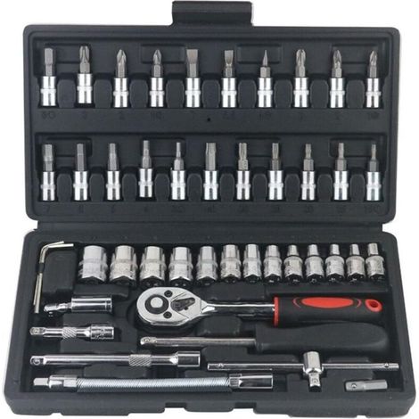 Trywise Jeu de 46 clés à cliquet à douille 1/4 pouce avec douilles métriques et rallonge pour réparation automobile et ménage (noir) (1/4)