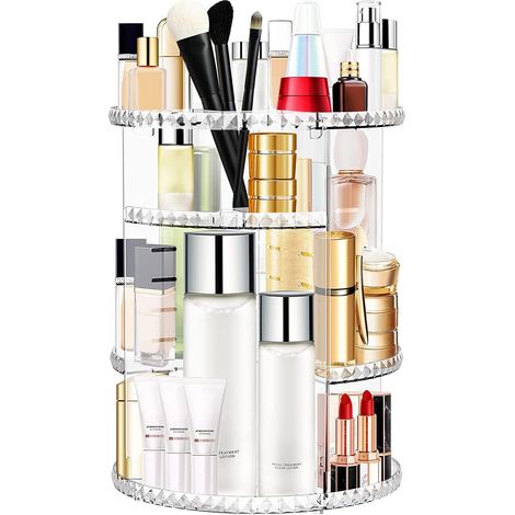 1 - Organiseur de maquillage - Rangement cosmétique - Rotation 360 degrés - Matériau ABS durable et réglable - Pour salle de bain et chambre - Transparent - 25x25x35cm