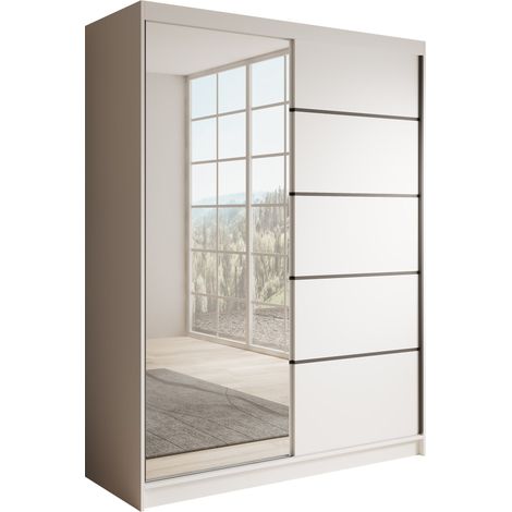 Les Tendances – Armoire coulissante 2 portes – Miroir intégré – Rangement optimisé avec 6 étagères et penderie – Design moderne blanc et noir (1/5)