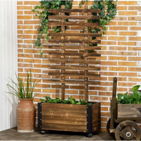 Jardinera elevada 65x31x147 cm antracita de madera con enrejado y ruedas (1/4)