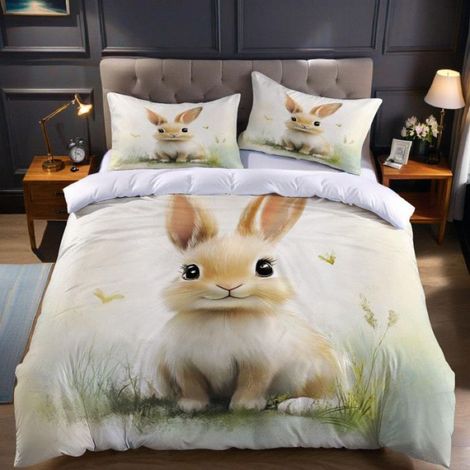 220x240cm,3 Pièces Parure de Lit Aquarelle Housse de Couette Lapin de Dessin animé en Microfibre, pour Enfant Garon et Fille (1/5)