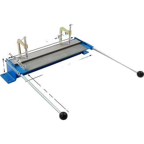 Attrezzo manuale per piegare lamiere, angolo di piegatura regolabile, struttura resistente, colore blu. (1/2)