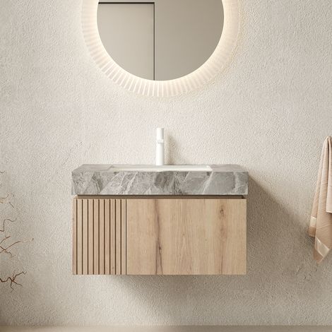 Meuble vasque suspendu de 76 cm, caisson en contreplaqué, plan de travail en pierre frittée gris italien et vasque en céramique, 1 trou de robinetterie pré-percé, pré-assemblé, robinetterie et bonde n (1/5)