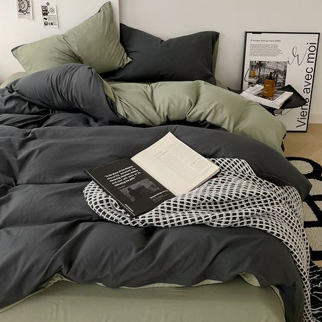 Bettwäsche-Set aus gewaschener Baumwolle A, ultra-weich – Bettbezug 200x230 cm, Spannbettlaken und Kissenbezüge – 4-teiliges Set für Studenten (Matcha-Grün Dunkelgrau)-lsw