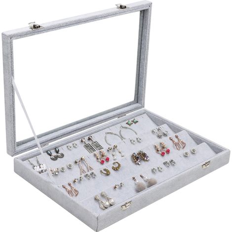 Rangement Boucle d’Oreille en Velours Gris avec 40 Fentes et Couvercle - Presentoir Bijoux et Boucle d’Oreille à 4 Niveaux avec Fenêtre en Verre Transparente pour Boucles d’Oreilles (1/5)