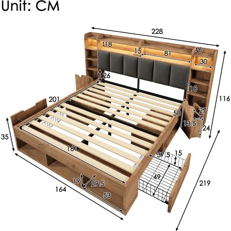Ensemble complet de lit double 160x200 cm avec sommier tapissier chêne, tête de lit capitonnée lumineuse à LED, tables de chevet avec prises USB et Type-C, tiroirs coulissants de rangement, sommier à 
