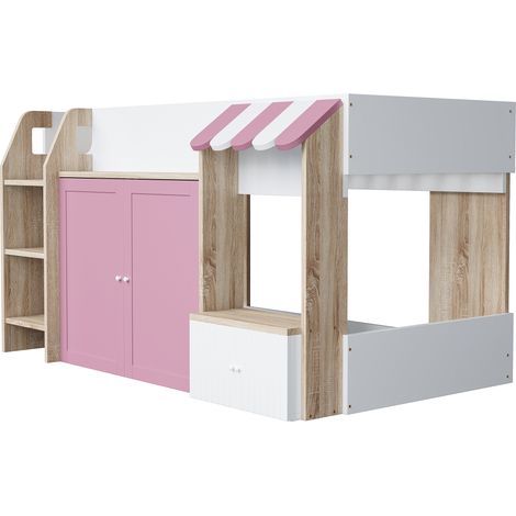 Kinder-Hochbett 90 x 200 cm aus Holz mit Leiter und Stauraum, weiß, rosa und Holz (1/5)