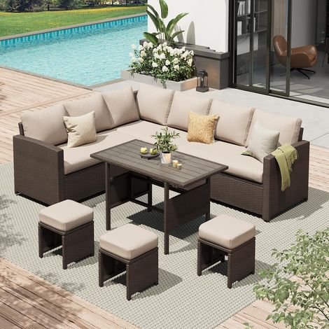 YODOLLA 7-teiliges Rattan-Gartenmöbel Set für 9-10 Personen, modulare Terrassenmöbel aus rostfreiem Stahl mit Esstisch & Hockern, Beige & Braun (1/5)