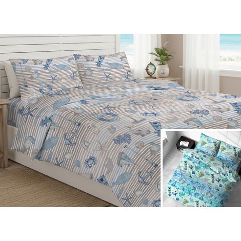 Sacco Copripiumino In 100% Cotone Made Italy Disegno Mare, misuraSingolocoloreBeige