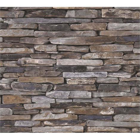 Stone tile wallpaper wall Profhome 914217 non-woven wallpaper smooth with nature-inspired pattern matt brown beige yellow 5.33 m2 (57 ft2) (1/5)