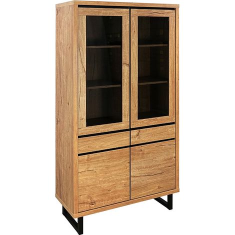 Vitrine grand modèle 2 portes vitrées 2 tiroirs – Hauteur 180 cm – Panneaux MDF et métal – Pour rangement élégant (1/5)