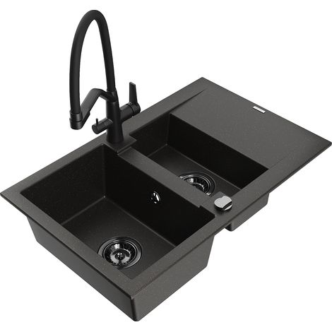 Mexen Gaspar lavello in granito a 1,5 vasche con sgocciolatoio e rubinetto da cucina Duo, nero/oro metallizzato (1/5)