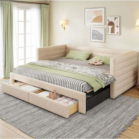 Divano letto convertibile 90x190 cm in tessuto beige, salvaspazio, senza materasso (1/5)