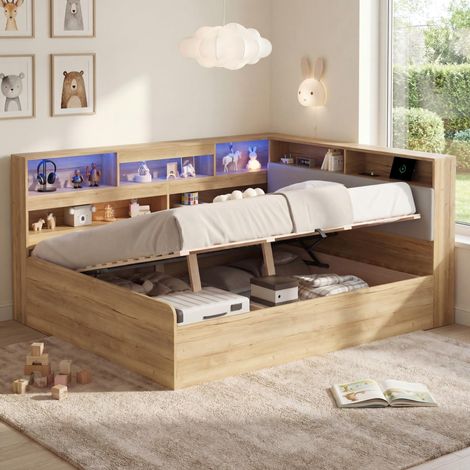 Lit enfant bois avec coffre hydraulique 140x200cm, station charge USB, éclairage LED, coloris naturel