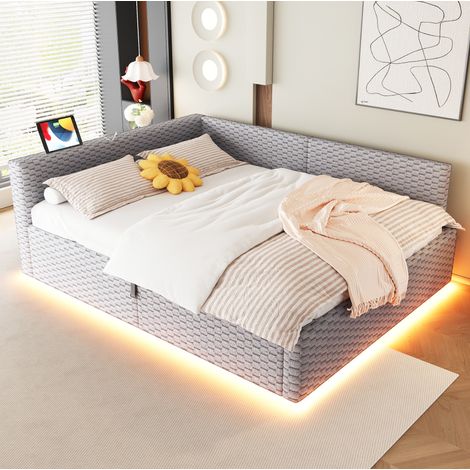Cama tapizada 140 x 200 cm con LED, USB-C y USB, almacenaje hidráulico, gris (1/5)