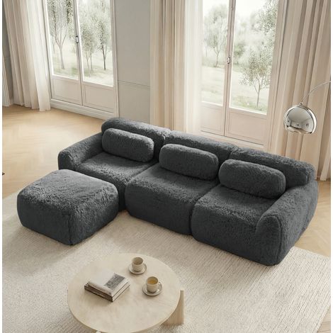 Canapé modulaire d’angle gris en tissu pelucheux sans montage avec coussins (1/5)