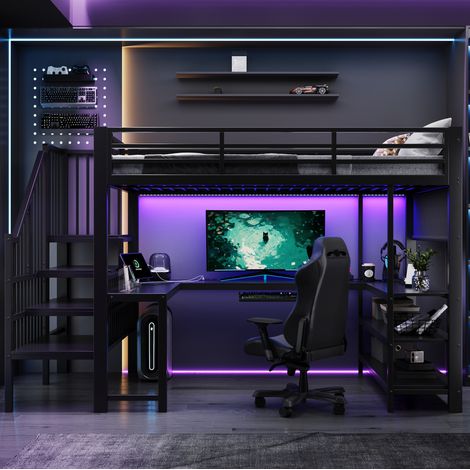 Lit mezzanine gaming 120x200 cm métal/MDF noir, bureau U, gain de place, sans matelas – MEUBLIV (1/5)