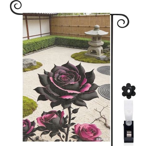 Drapeau vertical style shabby chic et rose noire 30 x 45 cm décoration saisonnière extérieure (1/5)