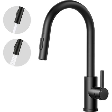 AICA Küchenarmatur mit 2 Wasserauslassmodi ausziehbar Brause Wasserhahn 360° Drehbar Edelstahl Armatur Schwarz