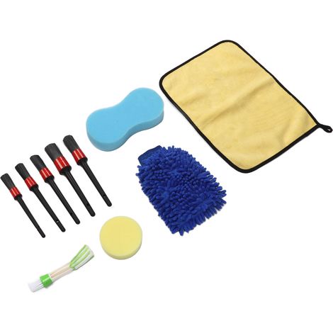 Kit 10 pièces brosses nettoyage auto détaillant, brosse jantes climatisation, éponge cire, tampon et gant lavage voiture (1/5)