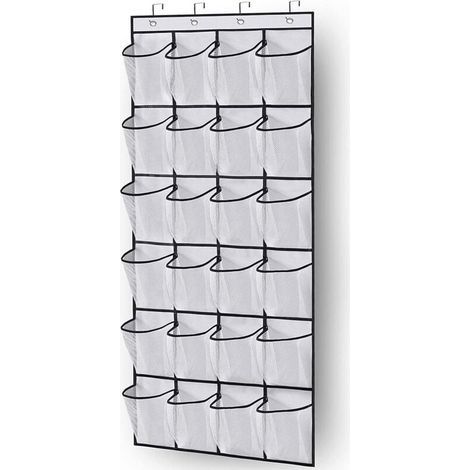 Gestionnaire de chaussures sur la porte gain de place rangement de chaussures sur la porte 24 poches gain de place avec 3 crochets pour la cuisine armoire chambre à coucher, blanc (1/5)