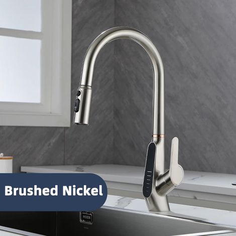 Robinet de cuisine avec affichage numérique de la température (finition nickel brossé), robinet extractible pour évier de cuisine. (1/5)