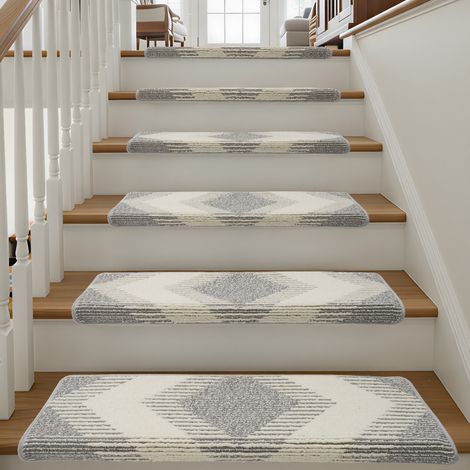 15tlg Set Rutschfeste Treppenstufenmatten Teppich-Stufenmatten selbstklebend 76×24cm, für Holztreppen, Grau+Beige