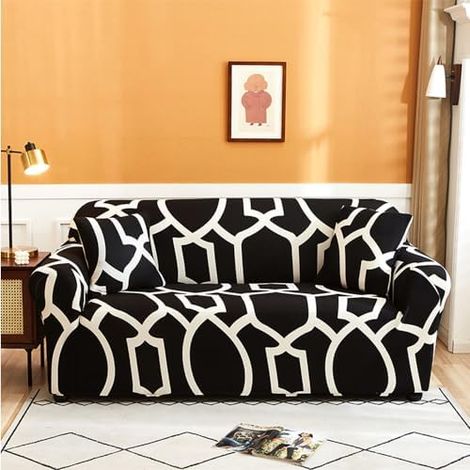 JSSEVN - Sofa Cover, Geometric 4-Seater Sofa Cover, Universal Sofa Cover with Armrests, Non-Slip Sofa Slipcover (4 Seater, Black and White) (1/4)