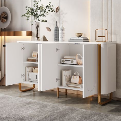 Buffet 4 portes push-to-open à relief arqué, 160 x 35 x 80,5 cm, MDF blanc, pieds en fer REDOM (1/5)