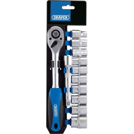 Draper Set di 12 chiavi a bussola e cricchetto con attacco quadro da 1/2", per fai da te, casa, officina, kit professionale e auto