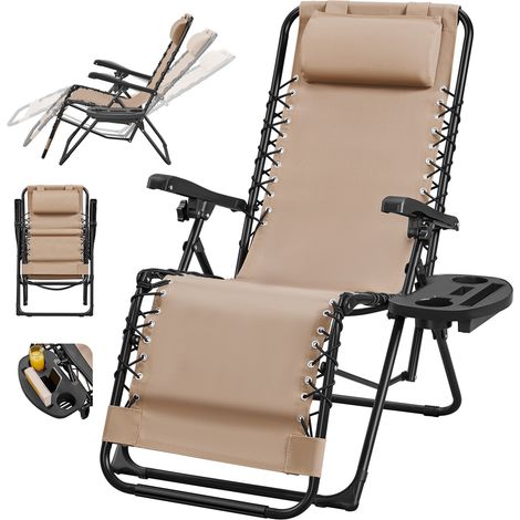 Homevive Silla Plegable de Gravedad Cero Tumbona Reclinable para Exterior con Reposacabezas Portavasos Beige