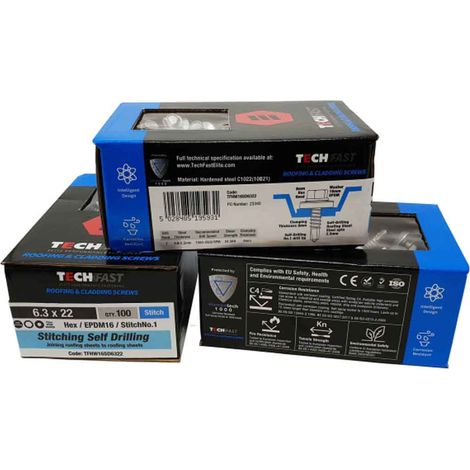ForgeFix TFHW16SD6322 TechFast Self-Drilling Stitching Hex Screw & Washer No.1 Tip 6.3 x 22mm Box 100 FORTFHWD6322