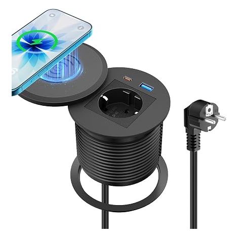Prise encastrable Plan de Travail avec Charge Qi15 W, USB-C PD 30W, Ø80 mm (1/5)