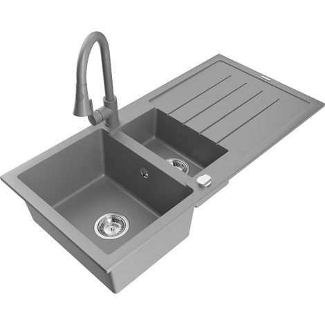 Mexen Andres évier en granit 1,5 bac avec égouttoir et robinet de cuisine Elia, gris - 6515-71-670101-71 (1/5)