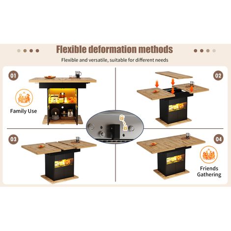 Table à manger extensible avec rangement & éclairage LED, 110-140cm, avec tablette réglable, capacité jusqu'à 60kg, bois noir (1/5)
