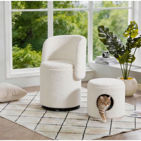 Poltrona girevole 48x52x75 cm bianca con contenitore, tessuto peluche e pouf incluso MEUBLIV (1/5)