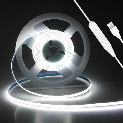 Bande lumineuse LED COB dimmable 2 m 5 mm de large 5 V blanc froid 6000 K 800 LED ruban lumineux autocollant avec interrupteur pour chambre TV rétro-éclairage décoration de cuisine DIY (1/5)