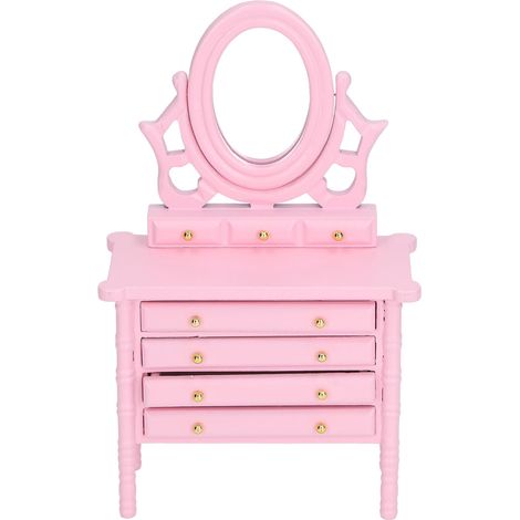 Table de toilette miniature rose pour maison de poupée 1:12, miroir et table de maquillage en bois haute simulation (1/5)