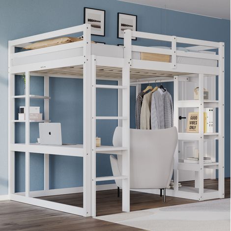 Lit mezzanine en bois 140x200 cm blanc avec bureau, étagères et penderie intégrée (1/5)
