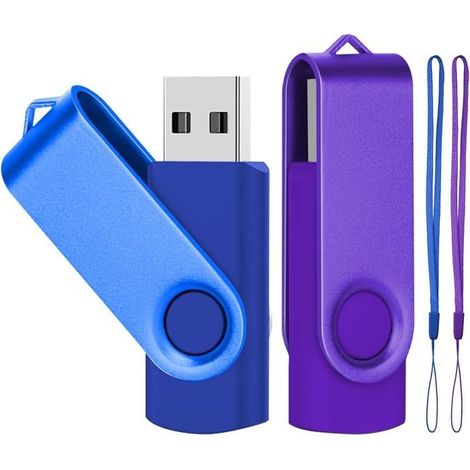Lot de 2 Clé USB Pivotantes 64Go USB 2.0 Flash Drive Disque Mémoire Stick USB U Disque avec Lumière LED, 2 Cordes, Bleu/Violet (1/5)